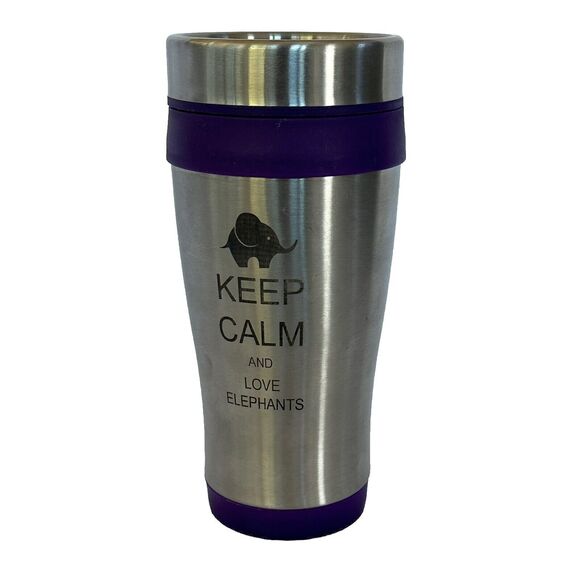 Stainless Steel Insulated 16oz Travel Mug Coffee Cup Keep Calm Love Elephants - Picture 1 of 11
